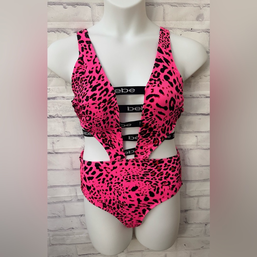 Bebe XL Pink Black Leopard One‎ Price Swimsuit With Cut Outs Stretch Logo Sexy
